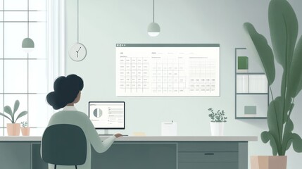 Aufkleber - A person working at a desk with a computer and a calendar on the wall in a minimalist office.
