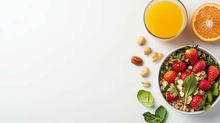 Poster - Healthy breakfast spread with fresh fruits, nuts, and granola on a white background