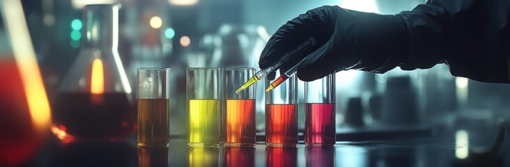 Aufkleber - A scientist adds a liquid to colorful test tubes in a laboratory setting.