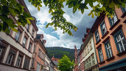 Sticker - A picturesque street scene with colorful buildings and lush greenery under a cloudy sky.