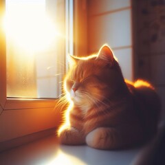 Canvas Print - Sunlit Serenity A cat sitting peacefully by the window the sun i