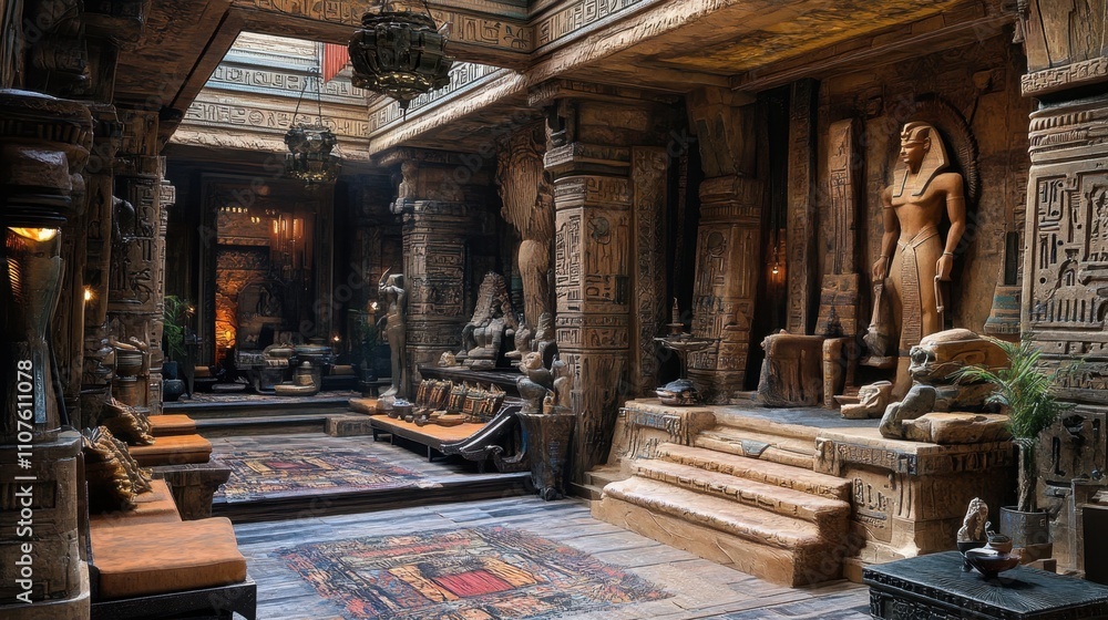 Ancient Egyptian Themed Interior with Statues and Carvings Stock ...