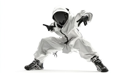 Leinwandbilder - A figure in a white outfit and helmet strikes a dynamic pose against a plain background.
