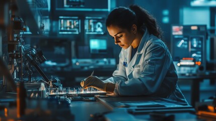 Aufkleber - A woman is focused on her work in a high-tech laboratory, carefully analyzing samples on a well-lit workstation. She wears gloves and uses a pen to take notes while surrounded by advanced equipment.