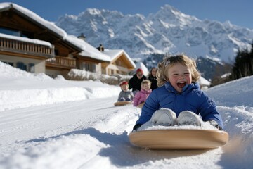 Wall Mural - A joyful child gleefully sleds down a snowy slope, surrounded by a stunning mountain landscape and family, embodying the spirit of winter fun and childhood delight.