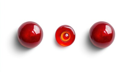 Leinwandbilder - Three glossy red spheres arranged with a smaller one in the center, showcasing color and design.