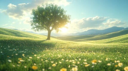 Wall Mural - Serene Sunset Landscape: Solitary Tree in a Blooming Meadow