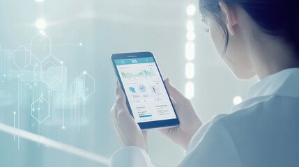Leinwandbilder - A person using a smartphone to access data in a modern, tech-focused environment.
