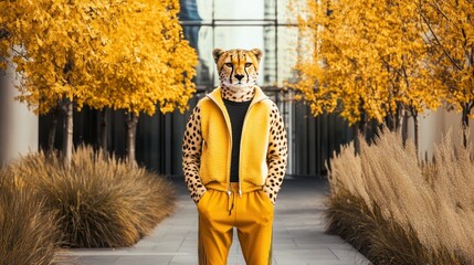 Leinwandbilder - A person wearing a cheetah mask stands in a vibrant, autumn-colored environment.