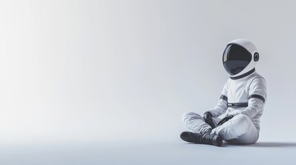 Fototapete - An astronaut in a white suit sits cross-legged against a minimalist background.