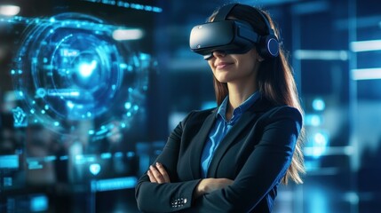 Poster - A woman in a business suit wearing a VR headset, engaged with digital technology.