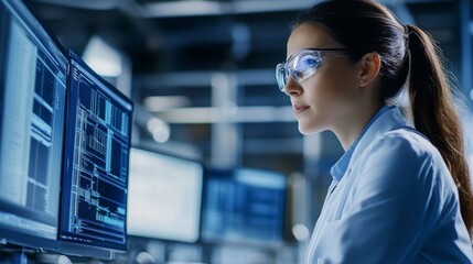 Aufkleber - In a high-tech office, a woman wearing glasses focuses intently on multiple computer screens displaying data and code. The atmosphere reflects innovation and technology, showcasing her expertise.