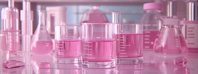 Aufkleber - Laboratory scene with pink liquids in glassware, highlighting scientific experimentation.