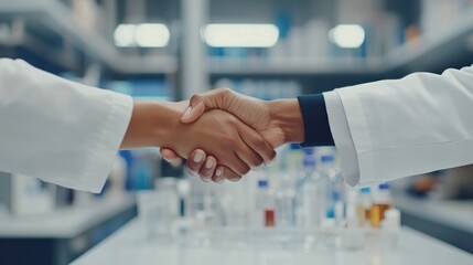 Poster - Two hands shaking in a lab setting, symbolizing collaboration in science or healthcare.