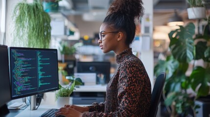 Poster - A woman is focused on coding at her computer in a contemporary office.
