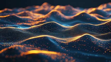 Leinwandbilder - Abstract digital landscape with glowing waves and particles.