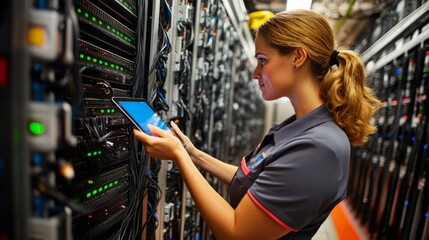 Poster - A woman is focused on her tablet as she navigates through servers in a busy data center. Bright lights from the equipment illuminate her concentration as she manages technical tasks.