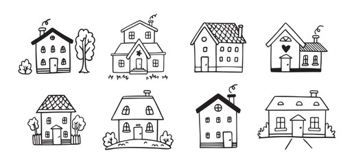 Wall Mural - Hand drawn doodle house vector set. Cute outline houses black and white line illustration