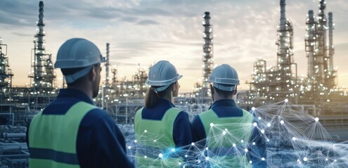 Fototapete - Workers observing an industrial facility with a network overlay, symbolizing technological advancement.