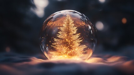Wall Mural - Luminous Christmas tree glowing softly inside a transparent glass ball festive scene