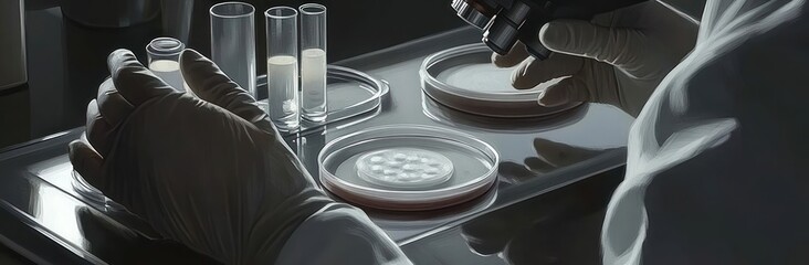 Poster - A laboratory scene with petri dishes, test tubes, and a microscope for scientific analysis.