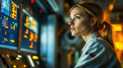 Poster - A woman is deeply engrossed in her work in a control room, operating advanced technology and monitoring various screens.
