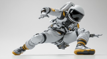Fototapete - A dynamic astronaut in a futuristic suit, poised in a striking action pose.