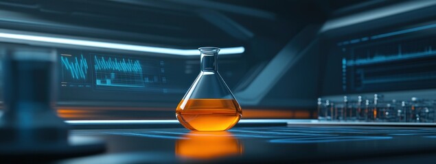Poster - A laboratory flask containing orange liquid, set against a high-tech background.