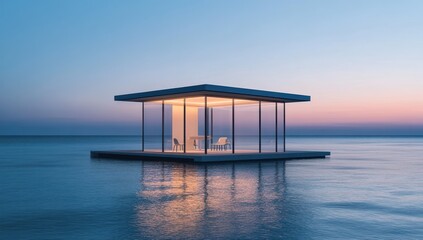 Fototapete - A modern glass structure on water at sunset, serving as a serene retreat.