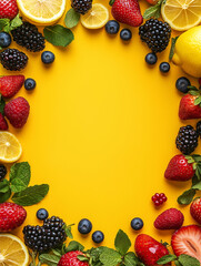 Wall Mural - A yellow background with fruits and berries arranged in the shape of an oval frame, with space for text or images