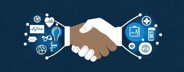 Poster - Hands shaking with icons representing health, technology, and collaboration.