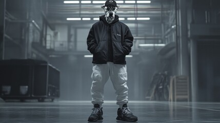 Leinwandbilder - A person in a dark outfit and mask stands in an industrial space, exuding a mysterious vibe.