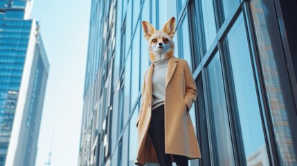 Leinwandbilder - A person in a coat with a fox mask stands in an urban setting.