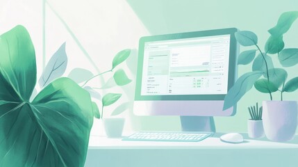 Aufkleber - A serene workspace featuring a computer surrounded by indoor plants.