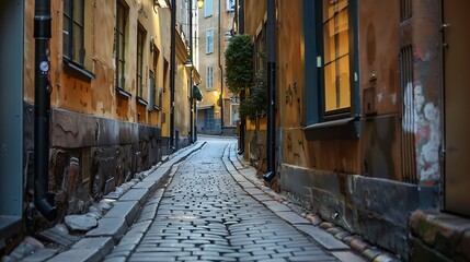 Wall Mural - A narrow cobblestone alleyway between old buildings, illuminated by warm lights, creating a charming atmosphere.