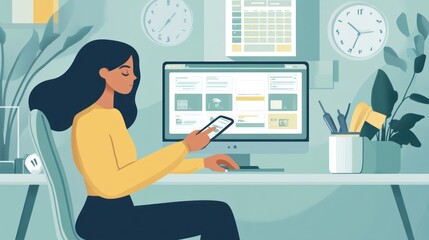 Aufkleber - A woman using a smartphone while working on a computer in a modern workspace.