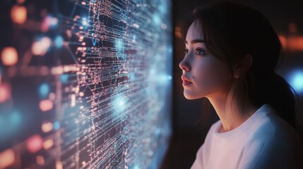 Leinwandbilder - A woman intently studies a complex data visualization featuring interconnected nodes and bright colors. She is situated in a contemporary workspace, surrounded by technology and innovation.