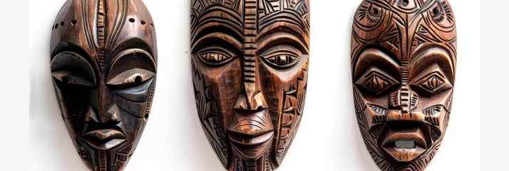 Wooden African Tribal Masks Set Isolated, Traditional Wooden Mask Carving on White