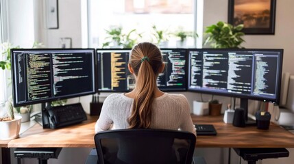 Poster - A woman is seated at a multi-monitor setup in a modern office adorned with plants. She is focused on coding, with vibrant lines of code displayed on her screens, demonstrating her tech expertise.