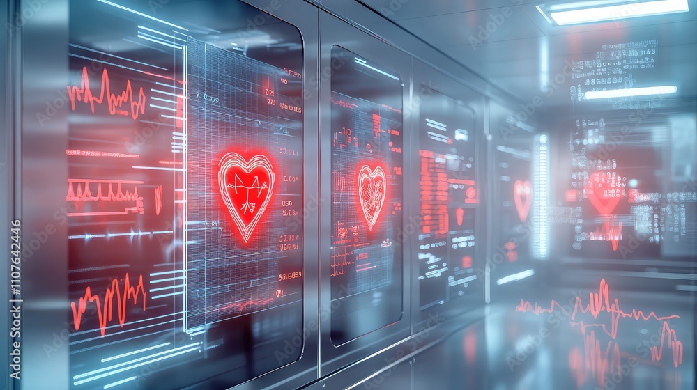 A futuristic medical room filled with holographic heart diagrams and ...