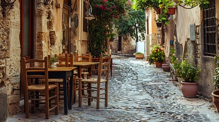 Wall Mural - A charming cobblestone alleyway lined with potted plants and outdoor seating, inviting relaxation and social gatherings.