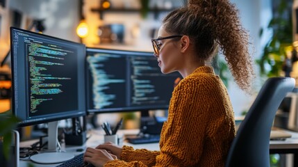 Poster - A focused woman sits at a desk in a well-lit office, coding on multiple computer monitors surrounded by greenery. The warm ambiance and her intense concentration enhance the creative environment.