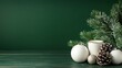 ©  lukaPixMedia - A serene Christmas setup displaying white ornaments, snow-dusted pinecones, and lush green pine branches, complemented by a simple white candle beside the decor.