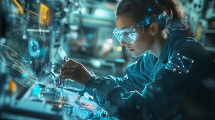 Poster - Inside a state-of-the-art laboratory, a woman wearing protective glasses focuses intently on intricate machinery.