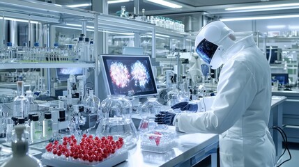 Fototapete - Futuristic lab interaction humanoid robot engaging with technology science facility clean environment innovative viewpoint