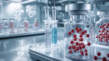 Poster - Futuristic visualization of vaccine molecules in a high-tech lab close-up of molecular structure