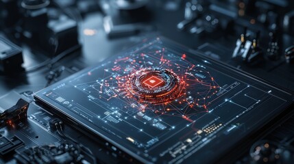 Fototapete - Digital management interface showcasing high-tech data visualization in a modern workspace design