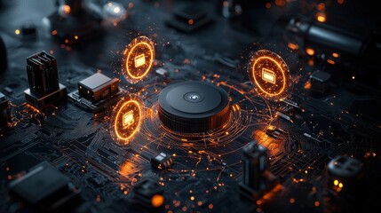 Aufkleber - Close-up view of innovative iot devices in high-tech circuitry at a futuristic tech exhibition with digital displays