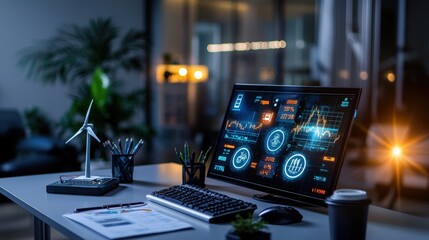 Poster - Innovative financial dashboard with renewable energy insights in a high-tech nighttime workspace for growth