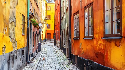 Wall Mural - A vibrant alleyway with colorful buildings and cobblestone pavement in a historic city.